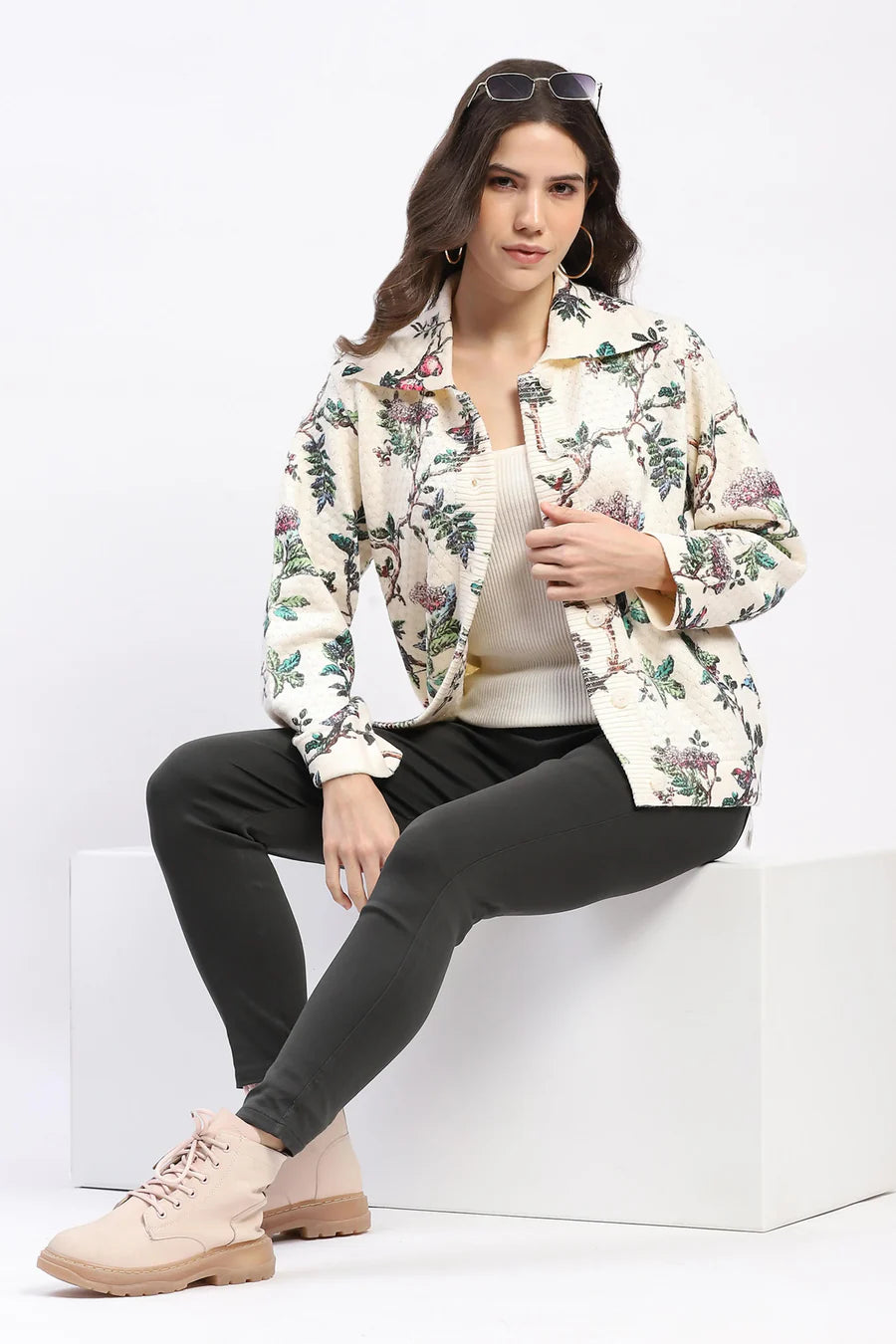 Cream Botanical Print Loose-Fit Cardigan
