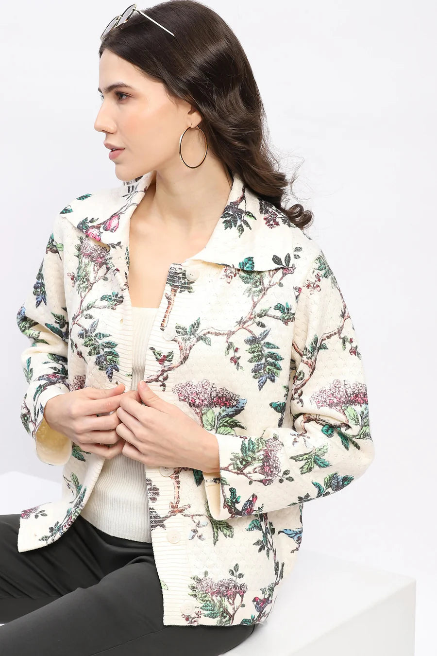 Cream Botanical Print Loose-Fit Cardigan