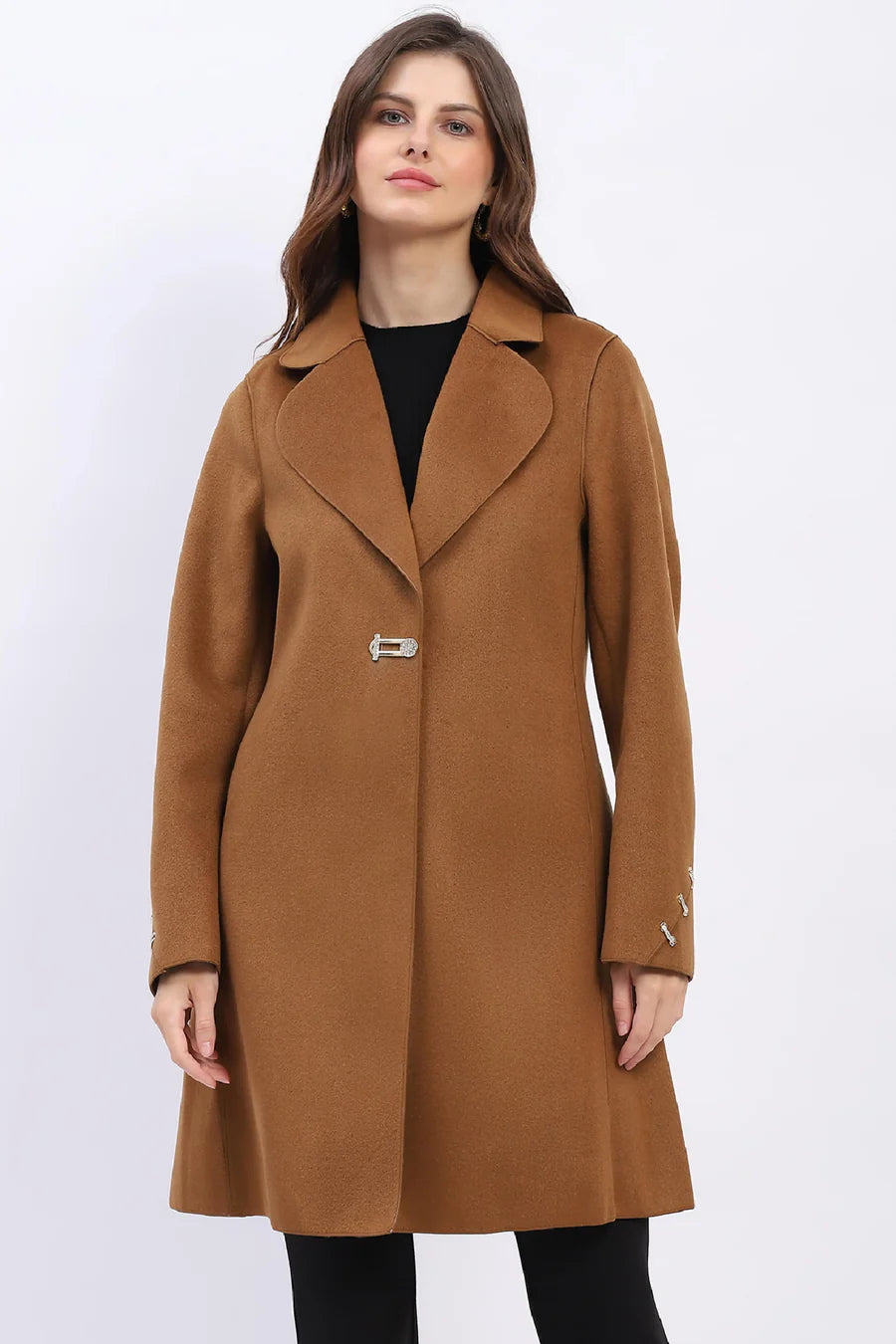 Brown Wool Blend Coat with Chic Detailing