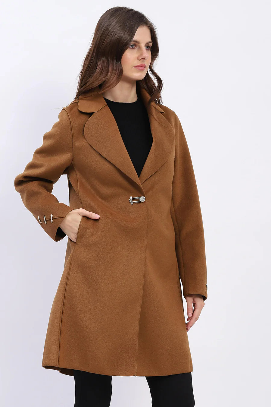 Brown Wool Blend Coat with Chic Detailing
