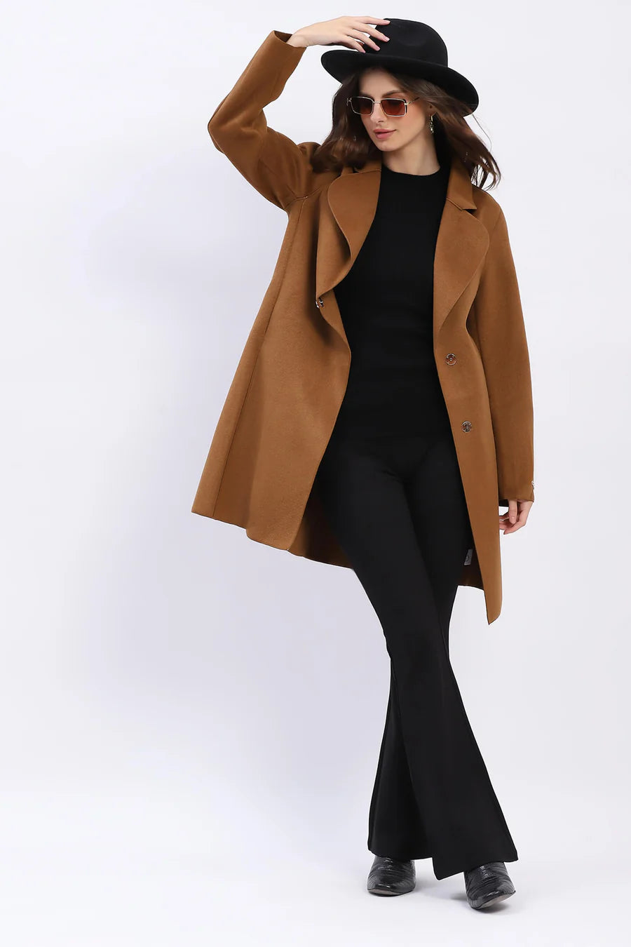 Brown Wool Blend Coat with Chic Detailing