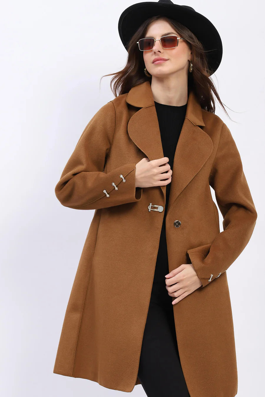 Brown Wool Blend Coat with Chic Detailing