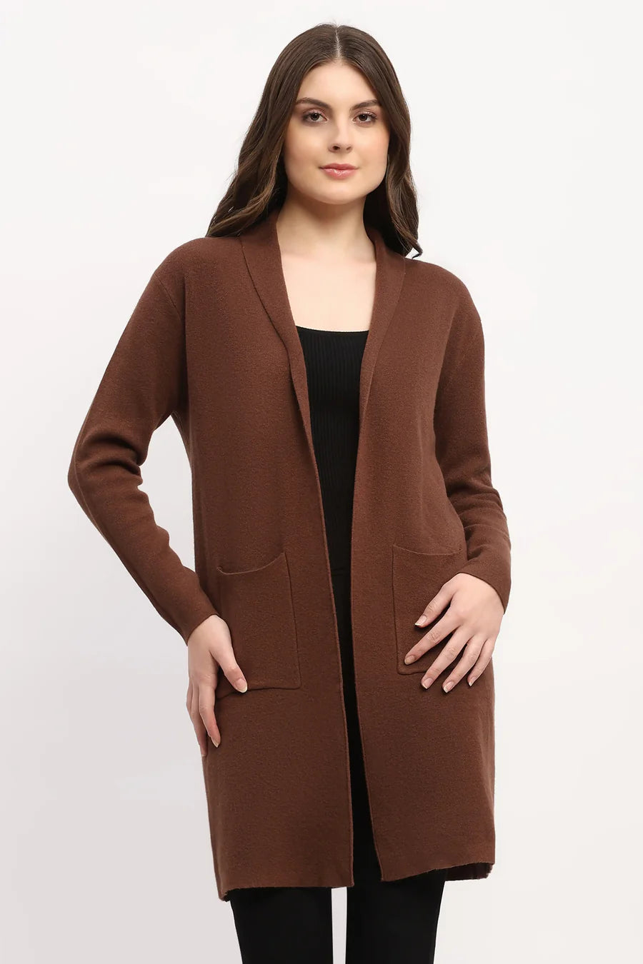 Brown Viscose Blend Shawl Collar Shrug