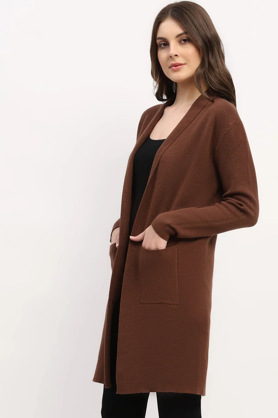 Brown Viscose Blend Shawl Collar Shrug