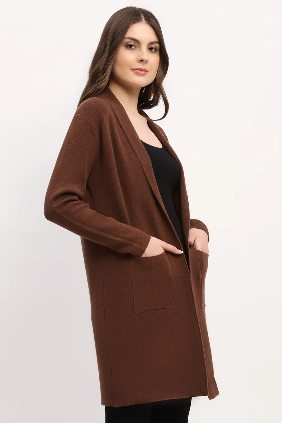 Brown Viscose Blend Shawl Collar Shrug