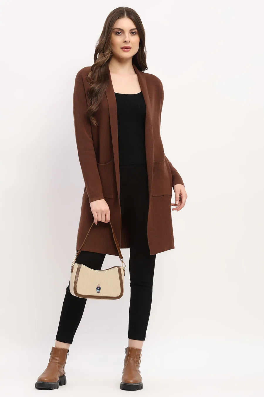 Brown Viscose Blend Shawl Collar Shrug