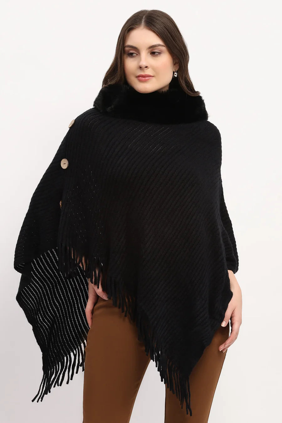 Black Acrylic Poncho with Fur Neckline