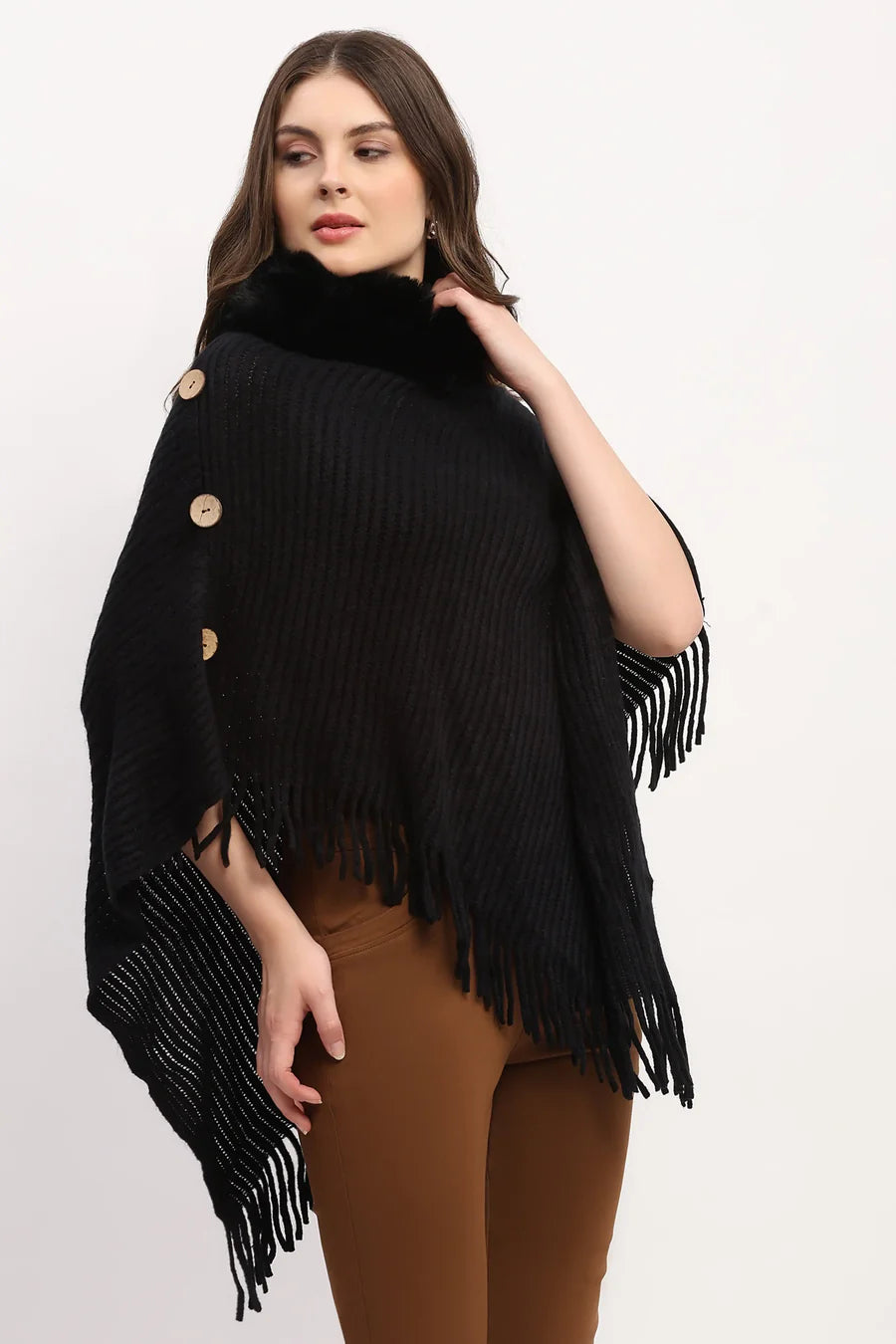 Black Acrylic Poncho with Fur Neckline