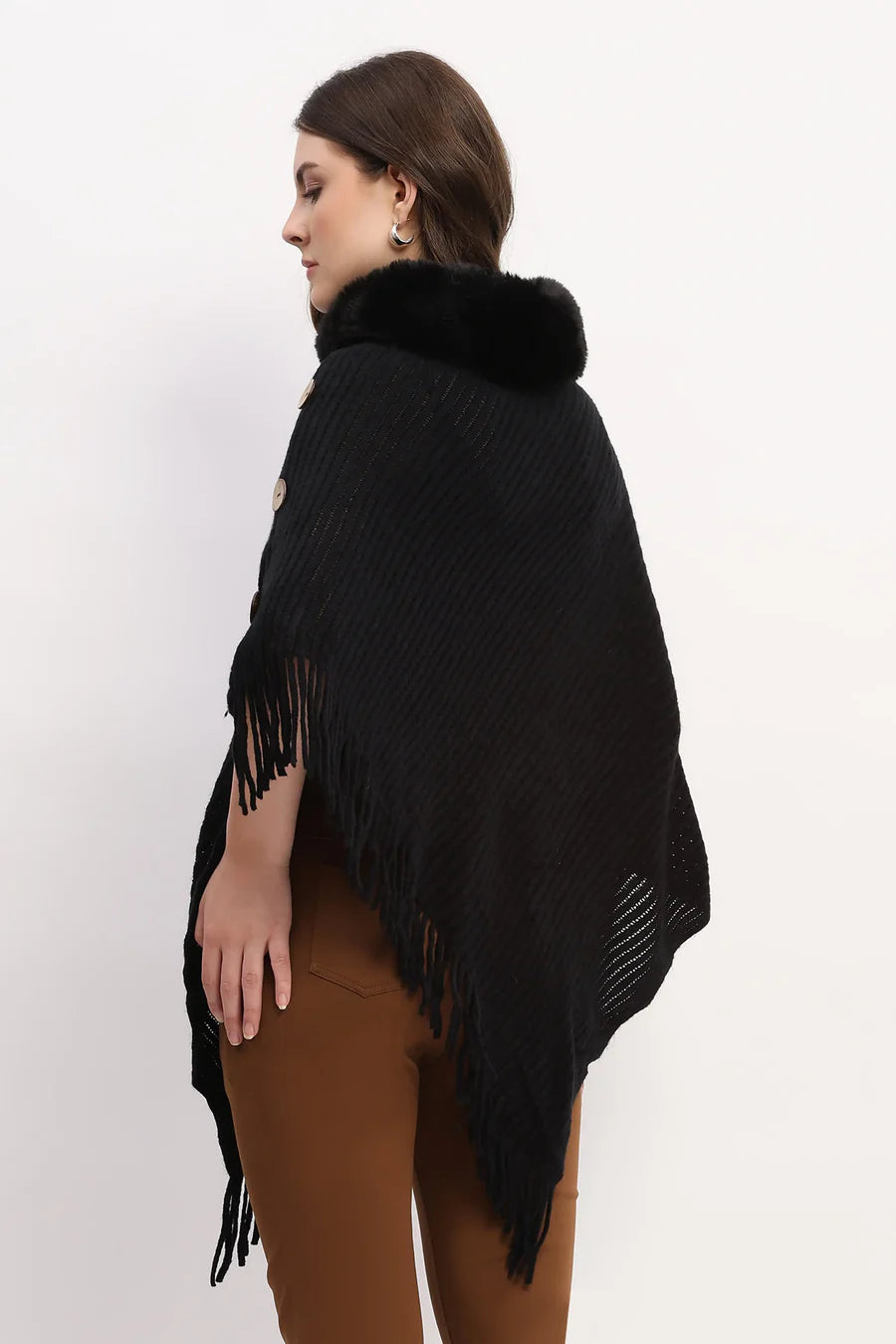 Black Acrylic Poncho with Fur Neckline