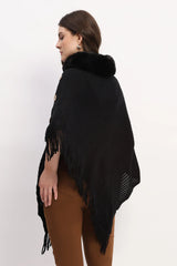 Black Acrylic Poncho with Fur Neckline