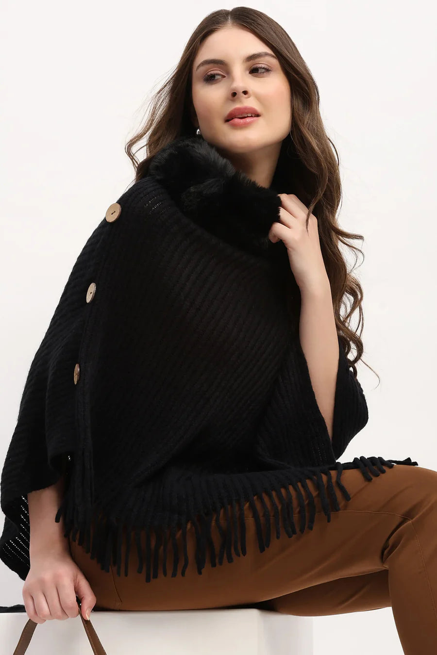 Black Acrylic Poncho with Fur Neckline