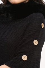 Black Acrylic Poncho with Fur Neckline