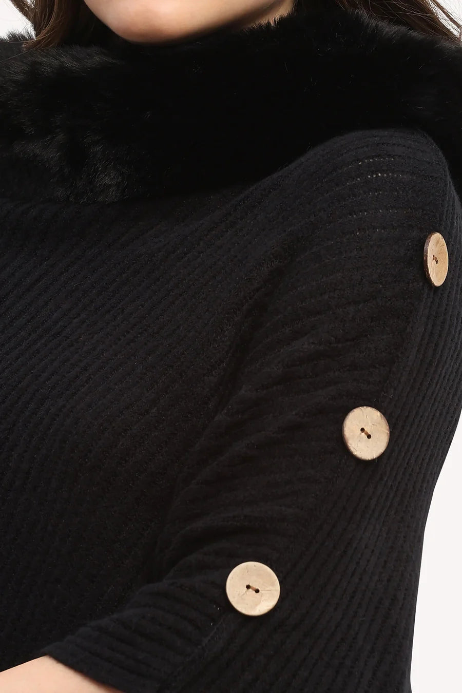 Black Acrylic Poncho with Fur Neckline