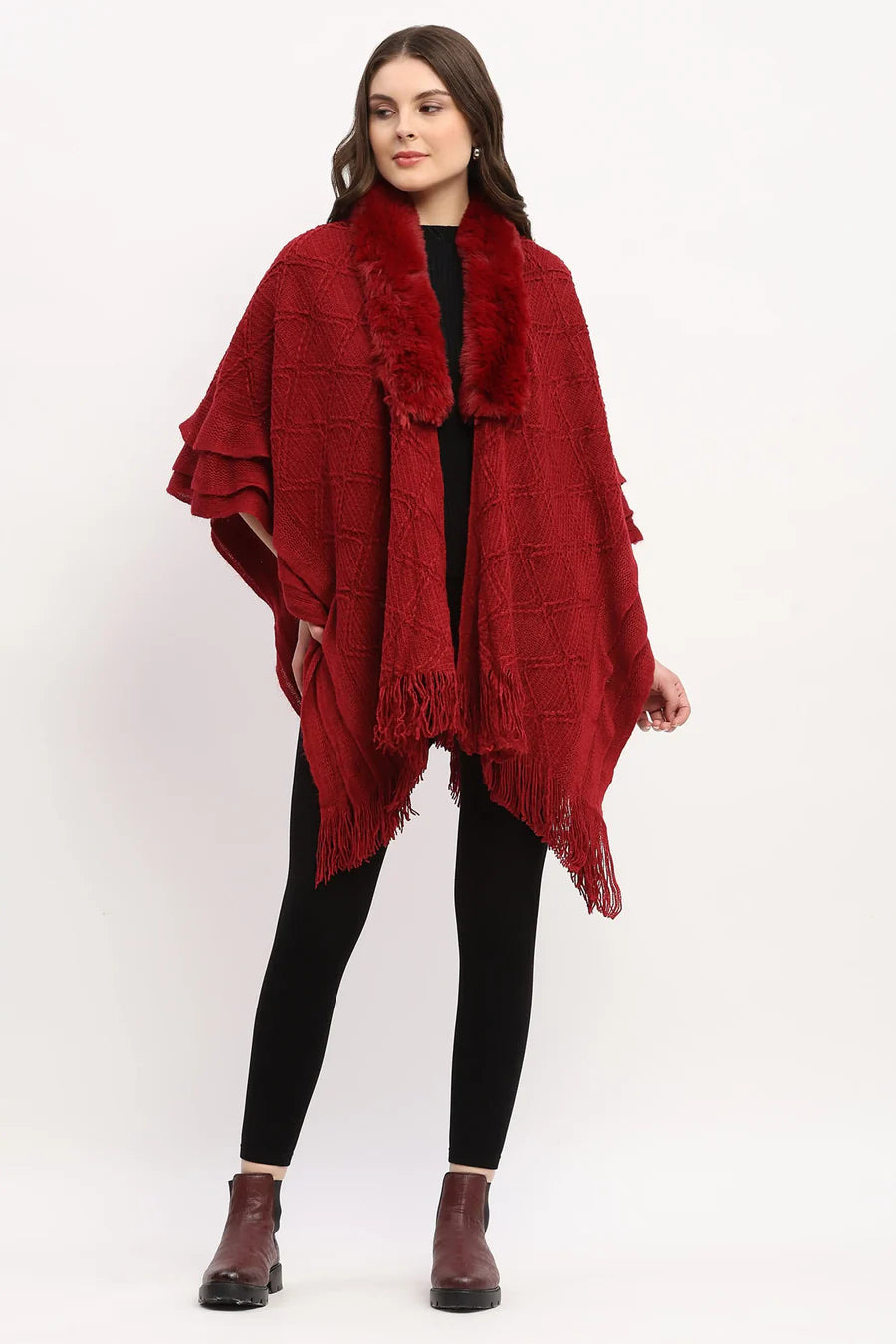 Maroon Acrylic Cape with Fringed Hem