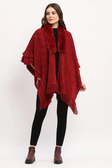 Maroon Acrylic Cape with Fringed Hem