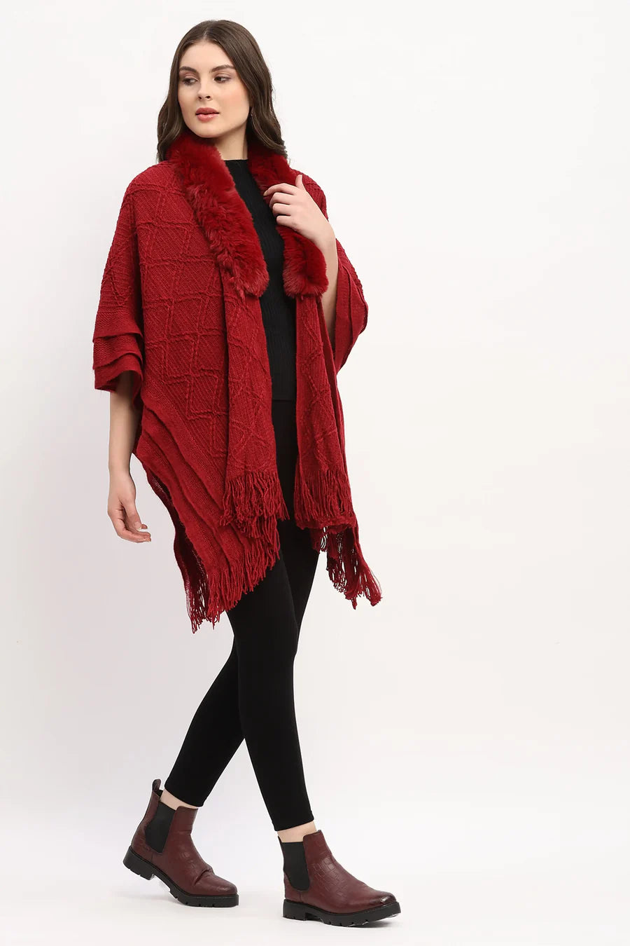 Maroon Acrylic Cape with Fringed Hem