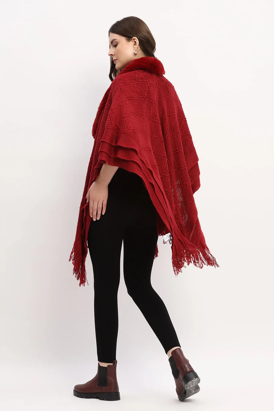Maroon Acrylic Cape with Fringed Hem