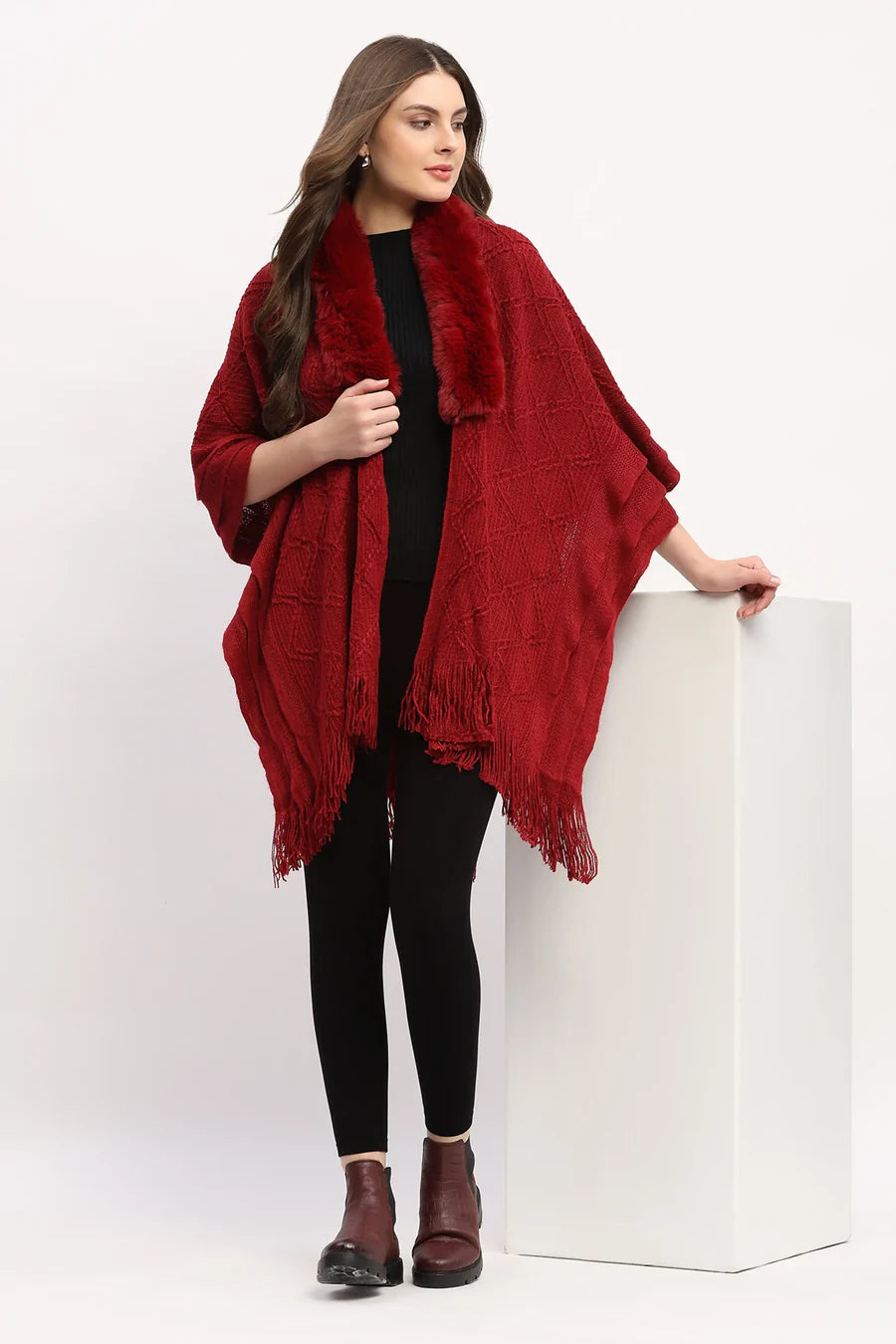 Maroon Acrylic Cape with Fringed Hem