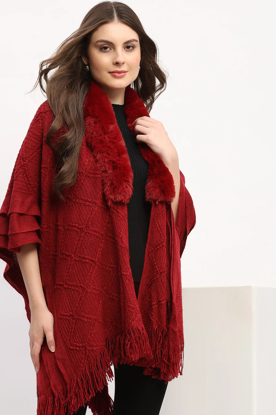 Maroon Acrylic Cape with Fringed Hem