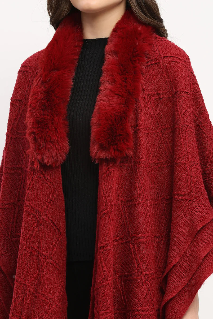 Maroon Acrylic Cape with Fringed Hem