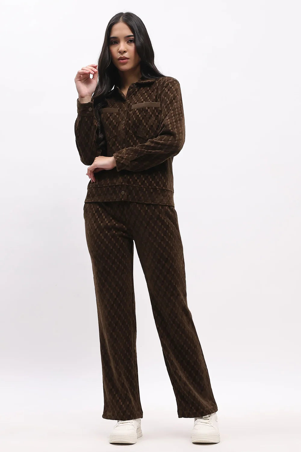 Brown Self-Design Velvet-Finish Co-ord Set