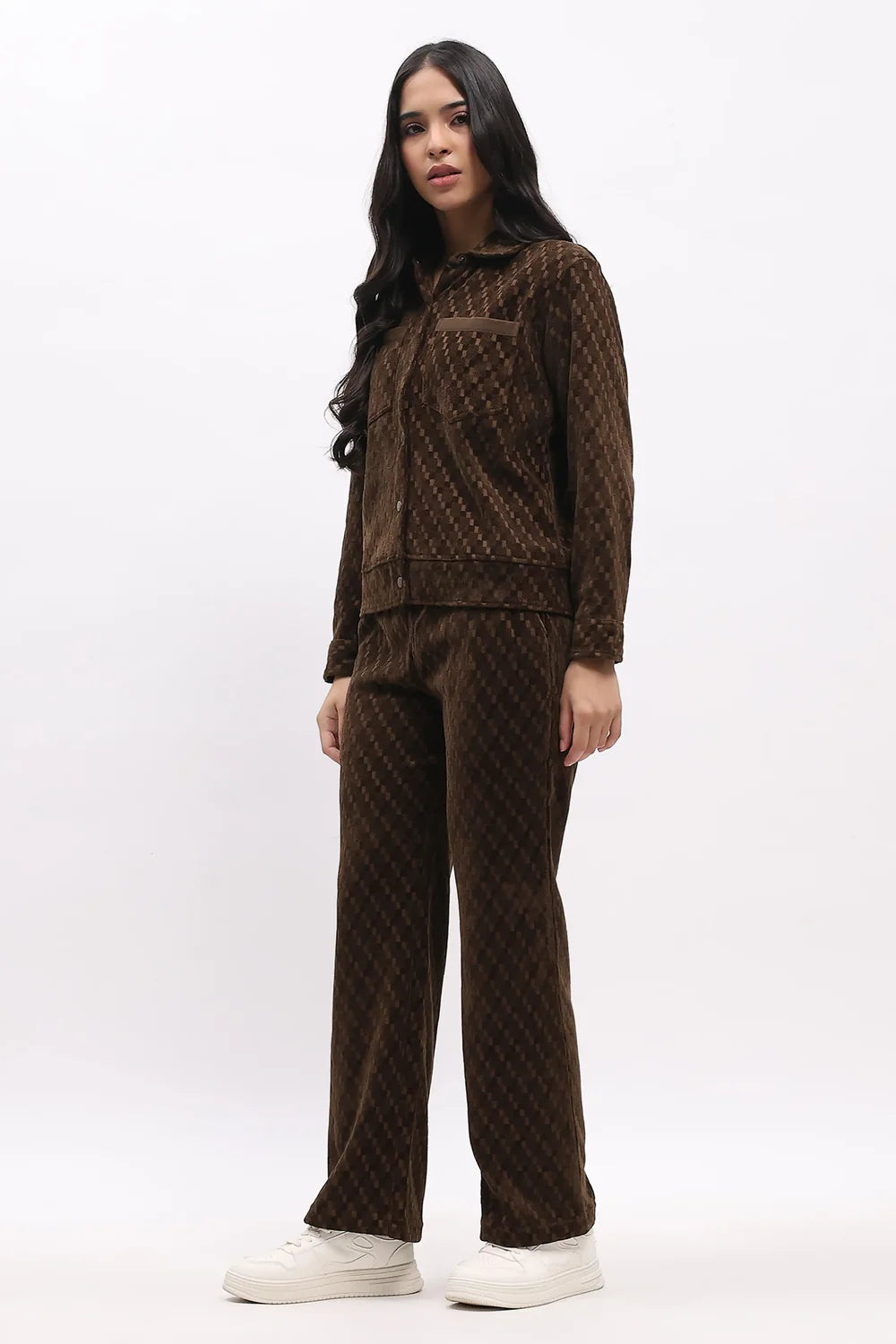 Brown Self-Design Velvet-Finish Co-ord Set