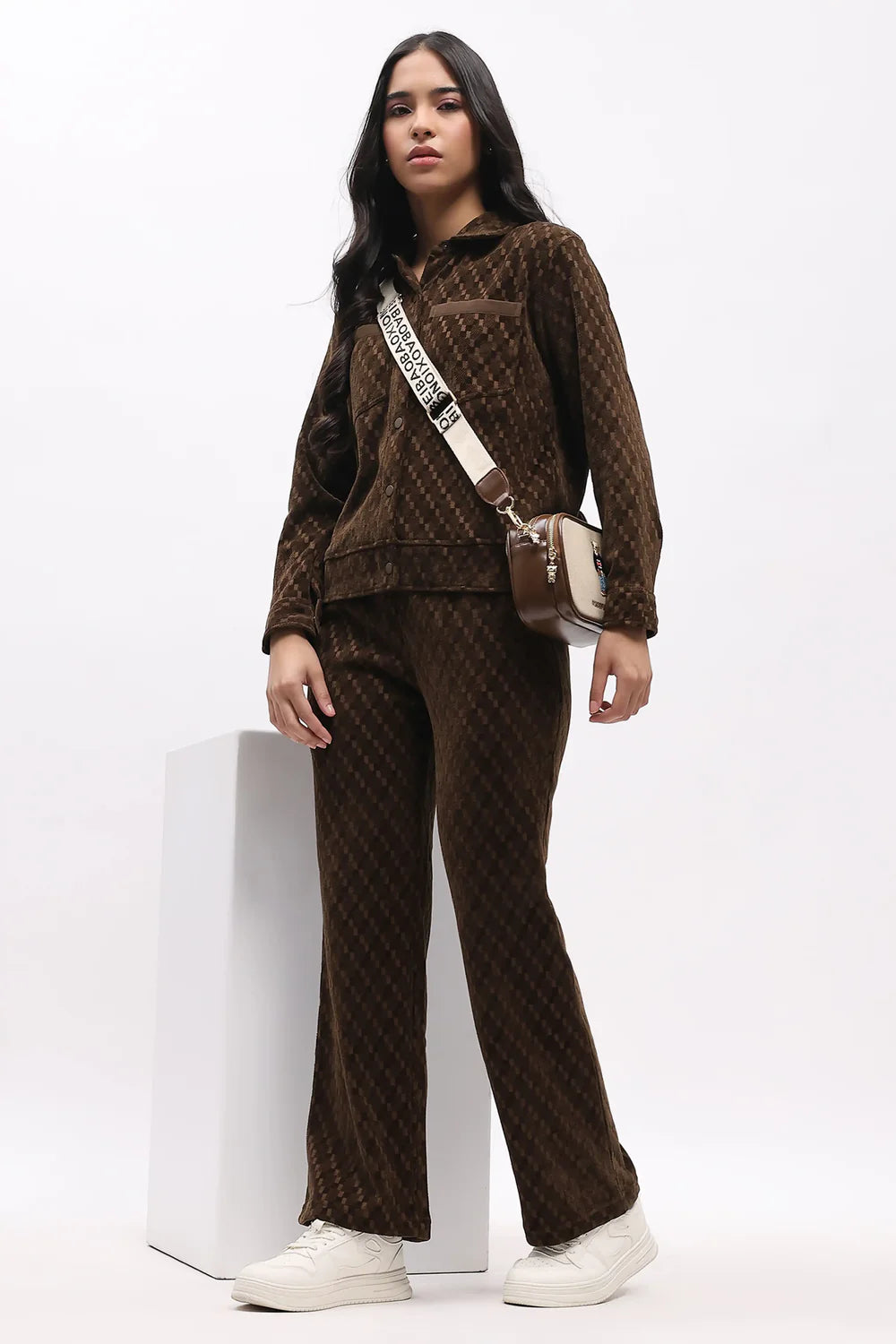 Brown Self-Design Velvet-Finish Co-ord Set