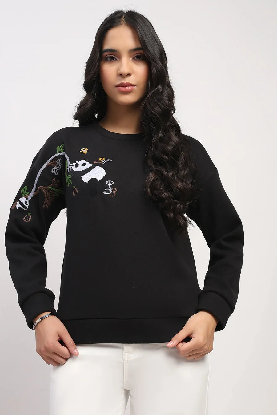 Panda Embroidered Drop-Shoulder Sweatshirt - Black