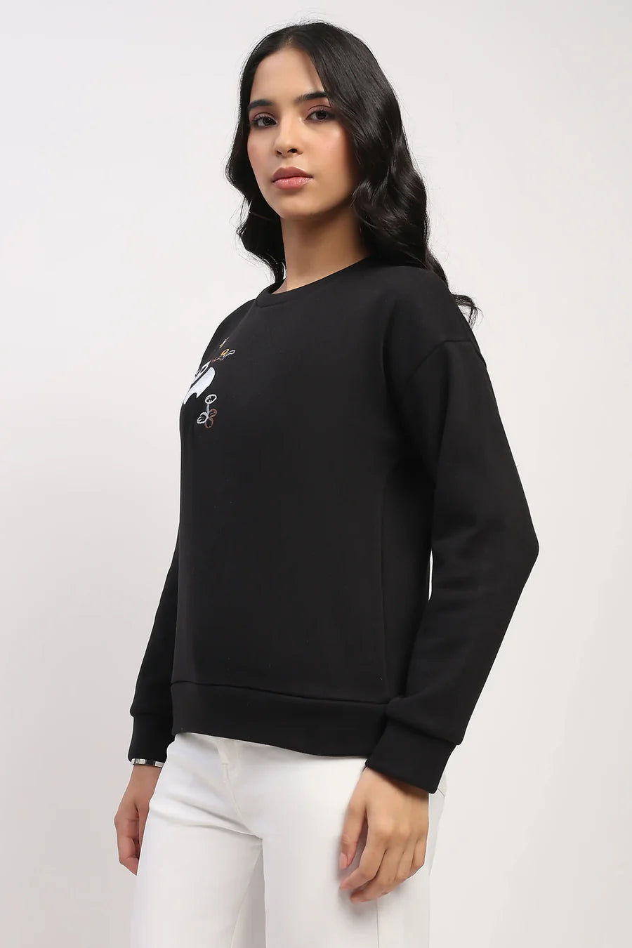 Panda Embroidered Drop-Shoulder Sweatshirt - Black