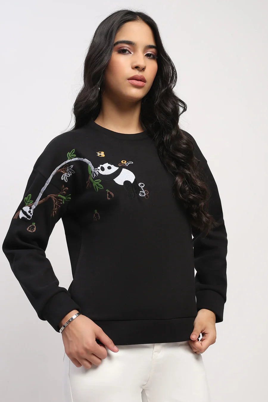 Panda Embroidered Drop-Shoulder Sweatshirt - Black