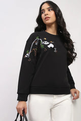 Panda Embroidered Drop-Shoulder Sweatshirt - Black