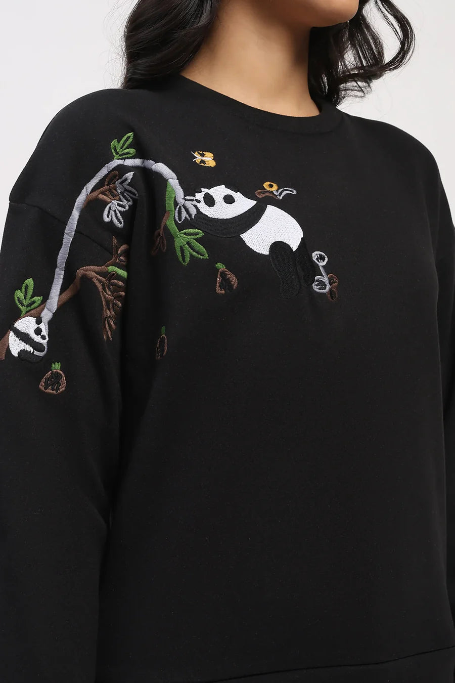 Panda Embroidered Drop-Shoulder Sweatshirt - Black