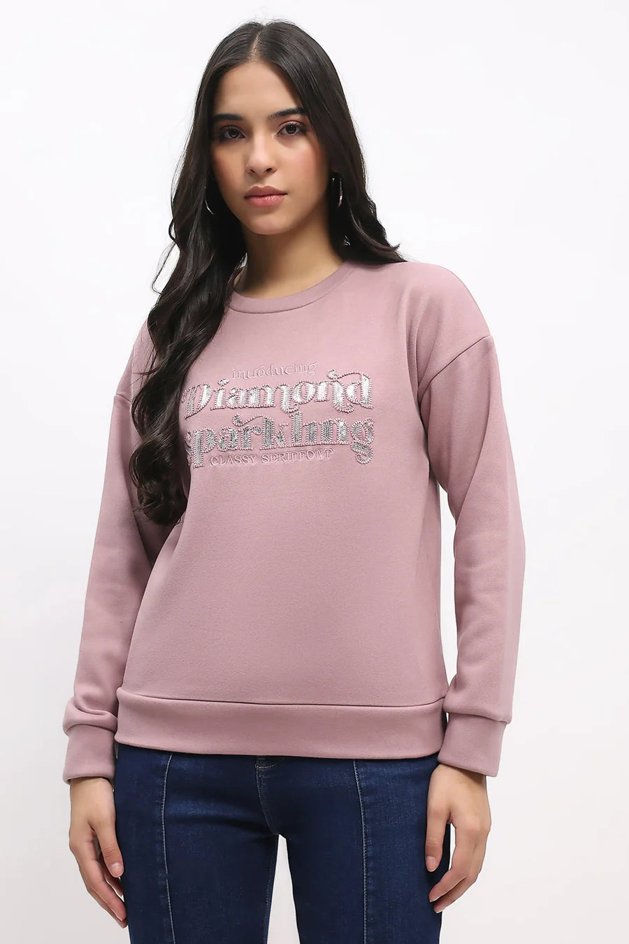 Sequin Embroidered Drop-Shoulder Sweatshirt - Pink