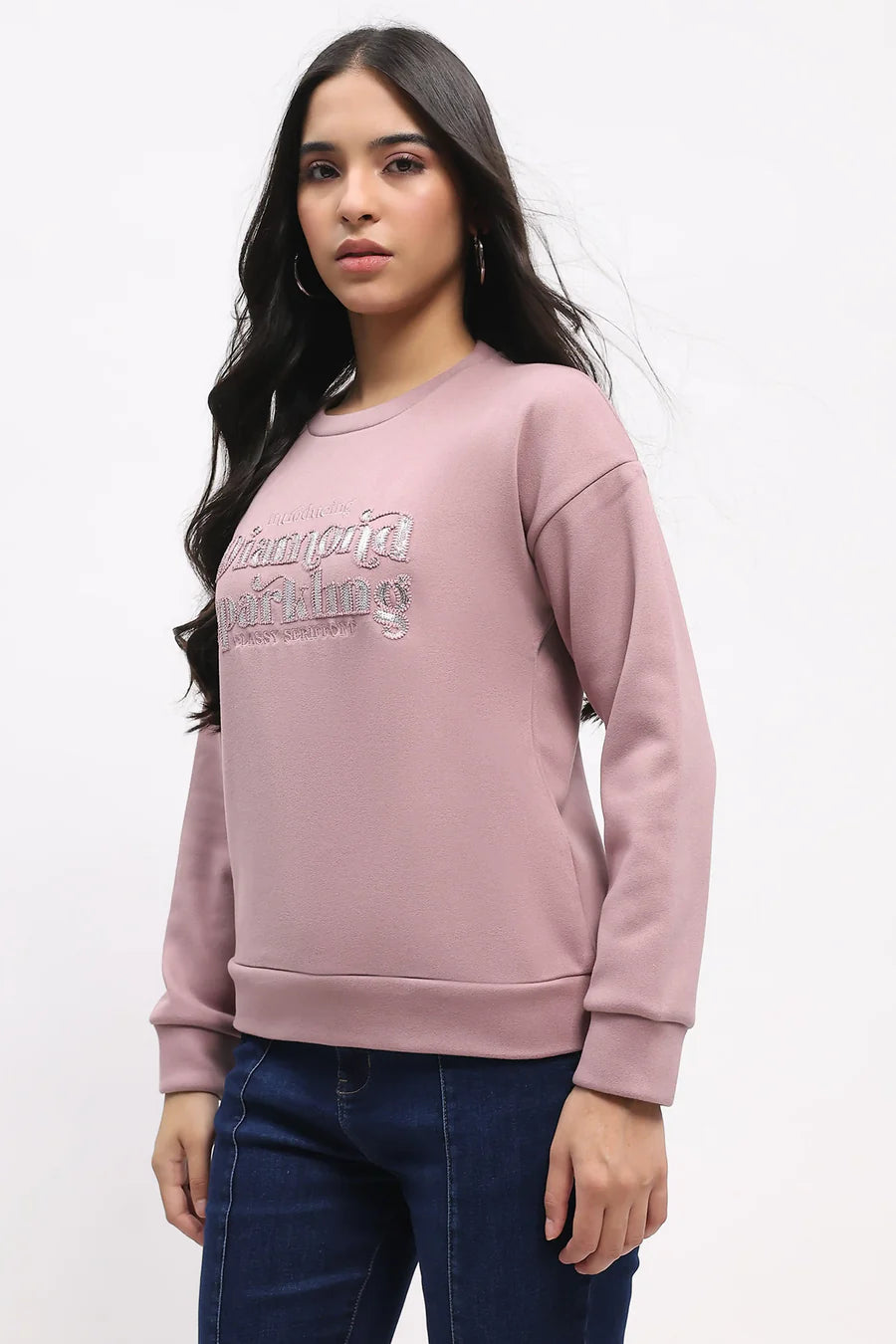 Sequin Embroidered Drop-Shoulder Sweatshirt - Pink