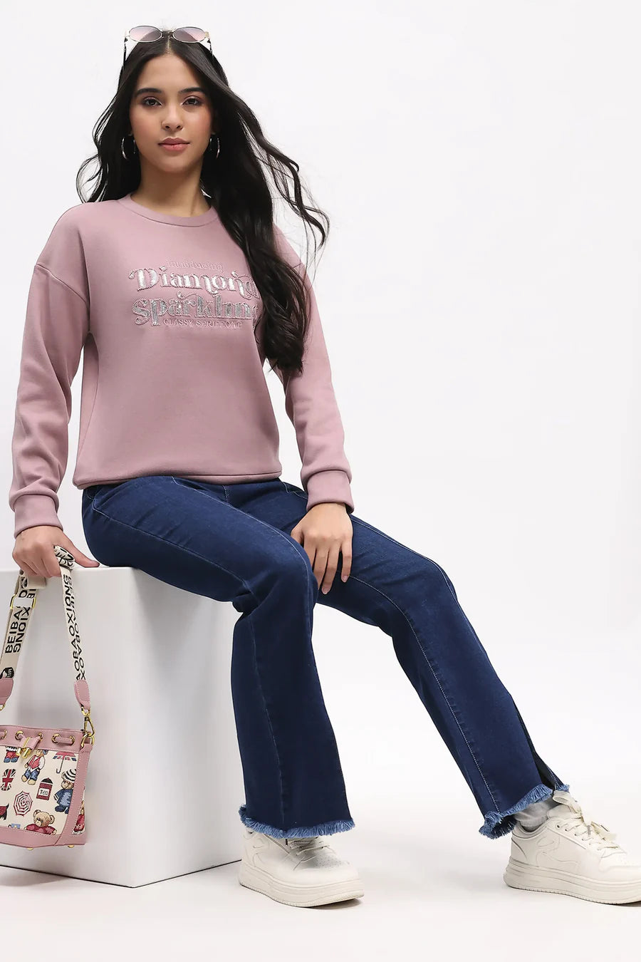 Sequin Embroidered Drop-Shoulder Sweatshirt - Pink