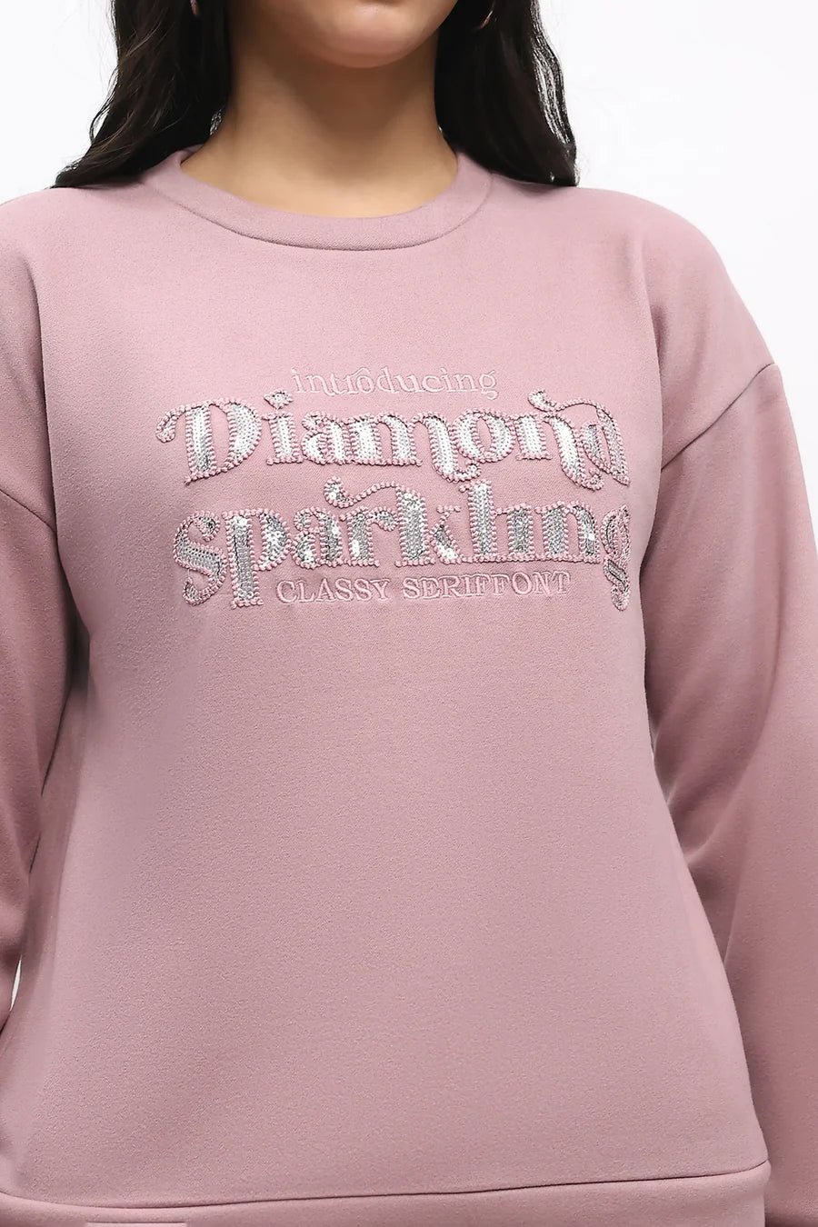 Sequin Embroidered Drop-Shoulder Sweatshirt - Pink