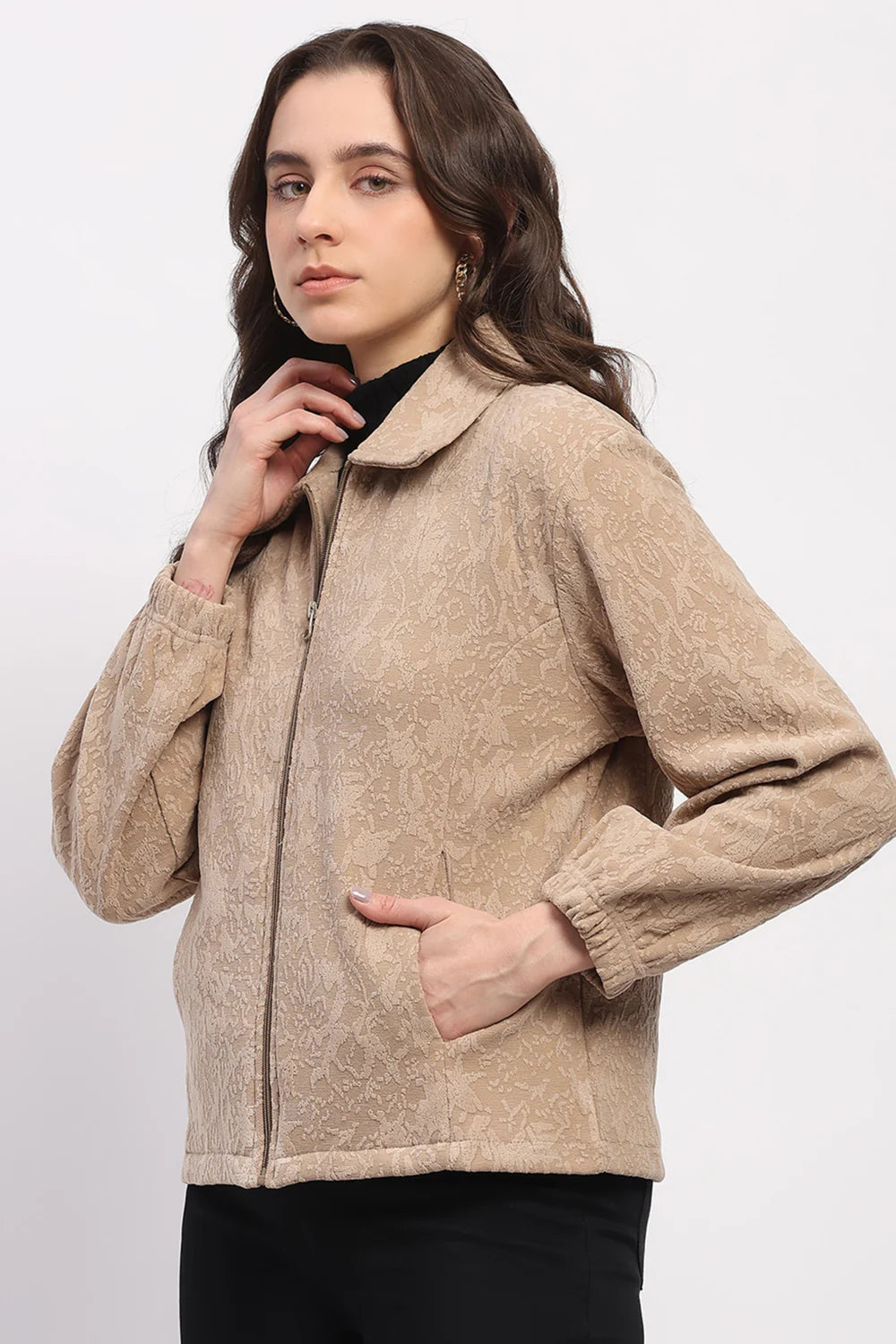 Beige Embossed Winter Sweatshirt - Soft Touch Cozy Layering