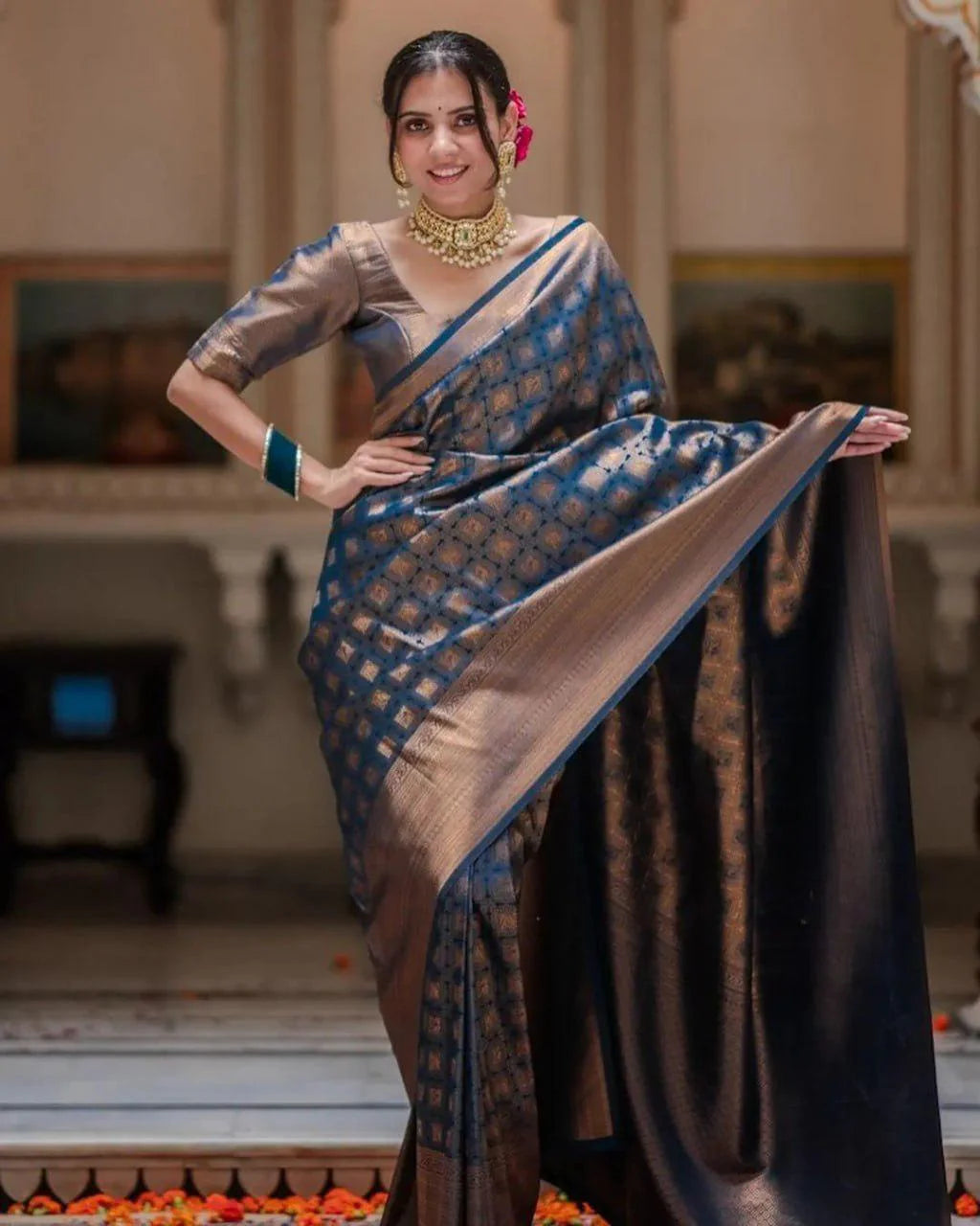 Midnight Blue Banarasi Silk Saree with Antique Gold Zari