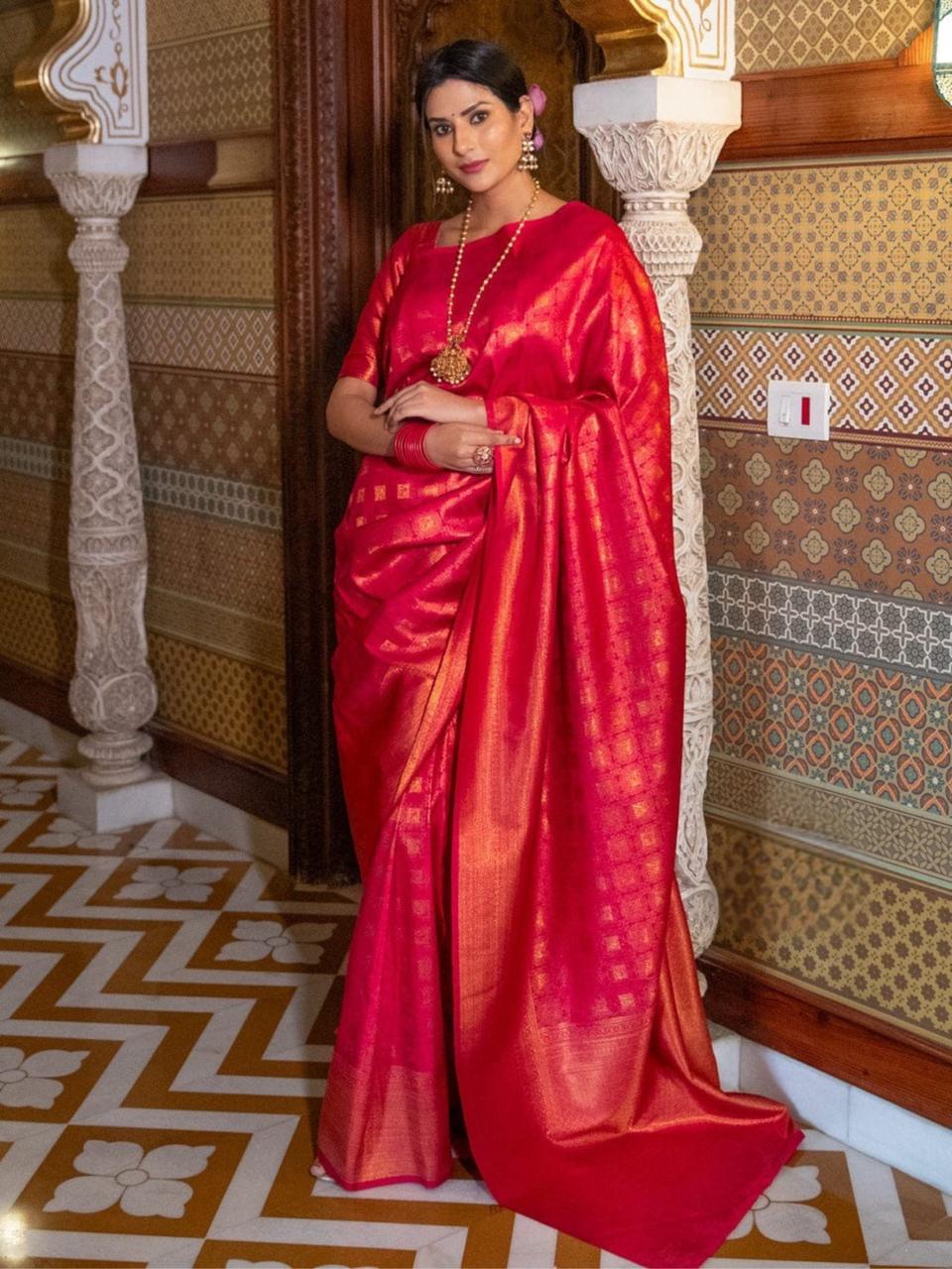 Vermilion Red Banarasi Silk Saree with Zari Check Motifs