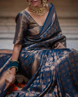 Midnight Blue Banarasi Silk Saree with Antique Gold Zari