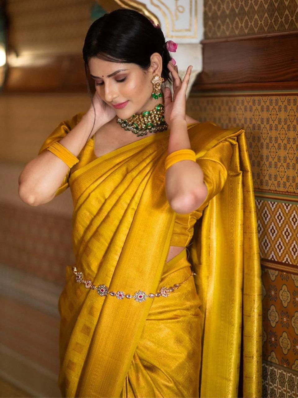 Marigold Yellow Banarasi Silk Saree with Golden Zari Weave