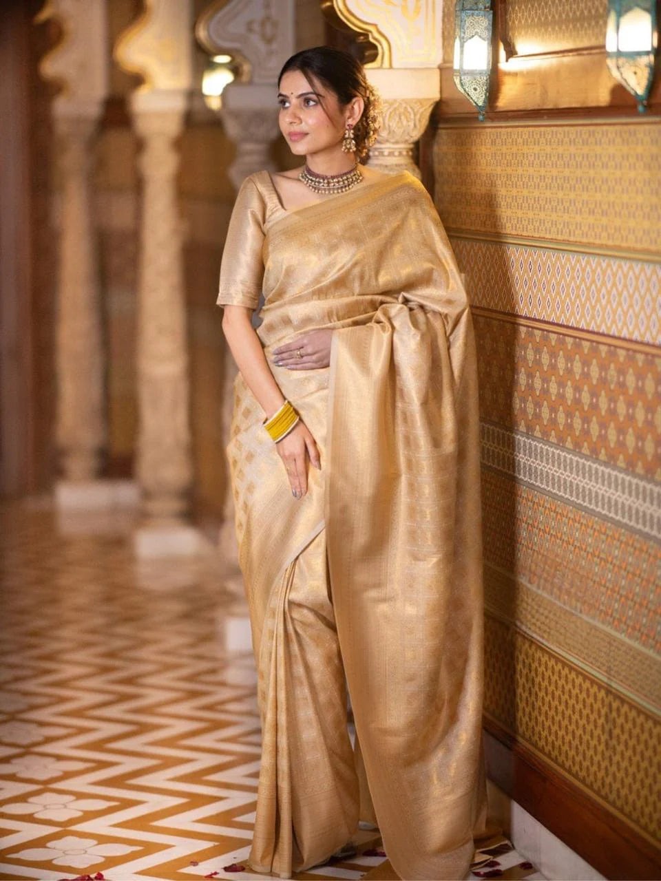 Midnight Beige Banarasi Silk Saree with Antique Gold Zari