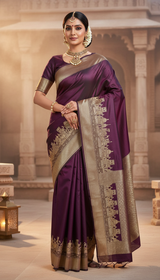 Beautiful lady wearing deep wine purple Banarasi silk saree with temple motif golden zari