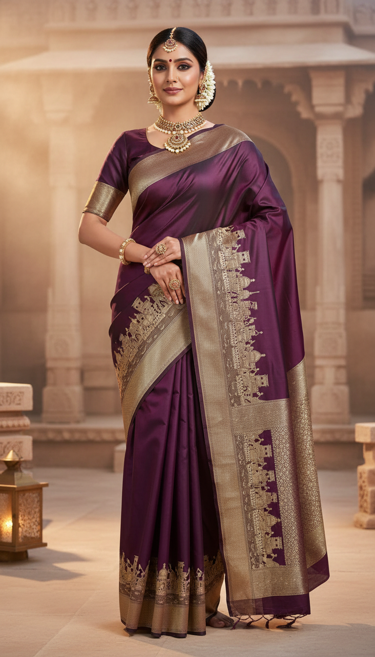 Beautiful lady wearing deep wine purple Banarasi silk saree with temple motif golden zari