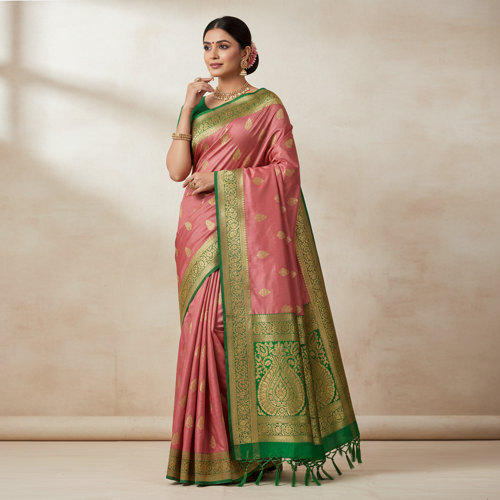 Beautiful lady wearing dusty rose pink Banarasi silk saree with green border and golden zari