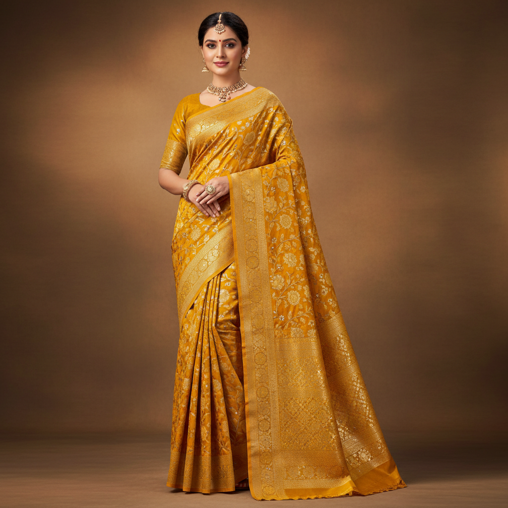 Beautiful lady wearing mustard yellow Banarasi silk saree with golden zari and sequins