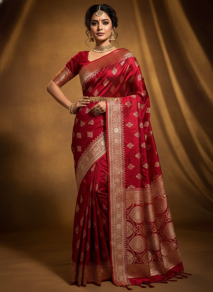 Beautiful lady wearing red Banarasi silk saree with golden zari work