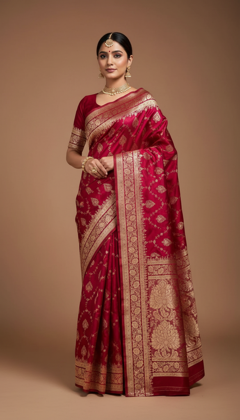 Beautiful lady wearing rich crimson red Banarasi silk saree with golden zari