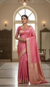 Beautiful lady wearing rose-pink Banarasi silk saree
