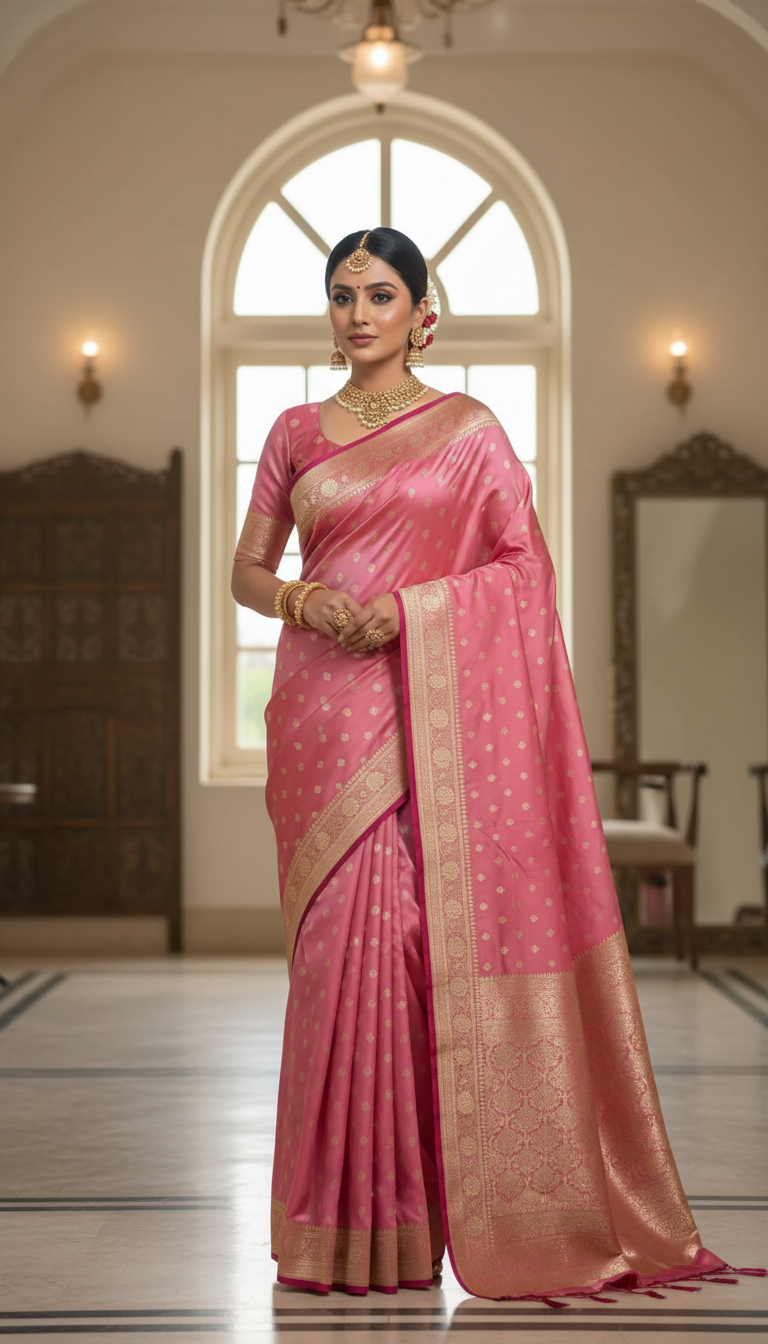 Beautiful lady wearing rose-pink Banarasi silk saree